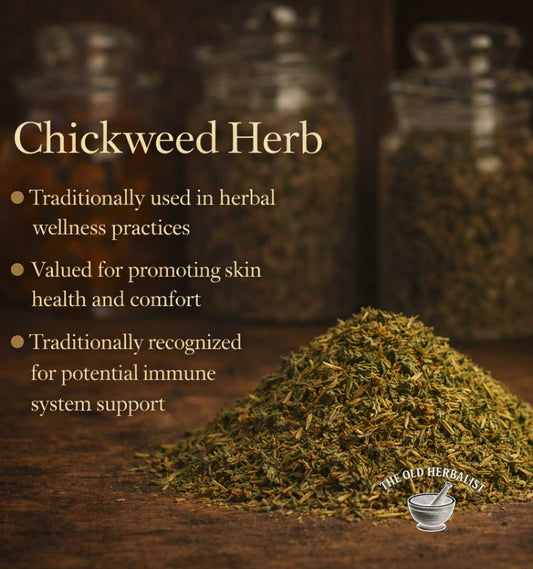 Chickweed herb with text about its uses on a wooden surface, featuring The Old Herbals logo.