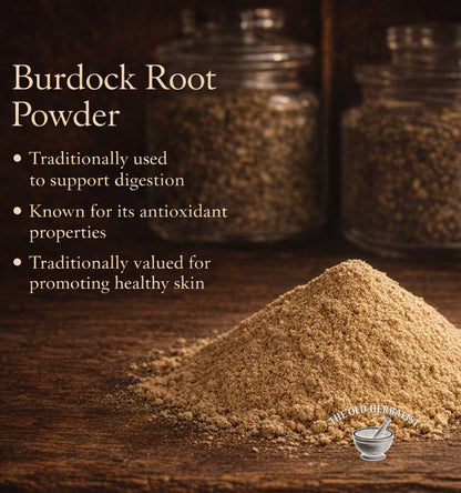Burdock root powder on a wooden surface with text about its uses.