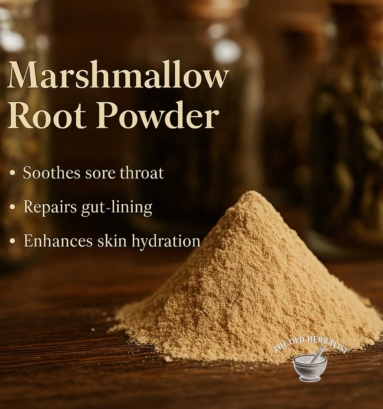Marshmallow root powder with text highlighting its benefits on a wooden surface.