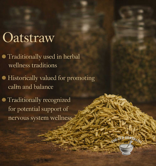 Oatstraw on a wooden surface with text about its uses and The Old Herbals logo.