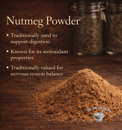 Nutmeg powder with text about its uses on a wooden background