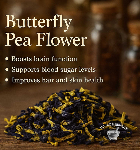 Blue butterfly pea flower petals for tea and natural coloring.