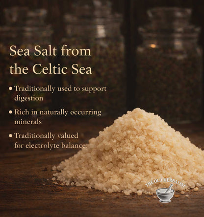 Sea salt from the Celtic Sea with text on a wooden background