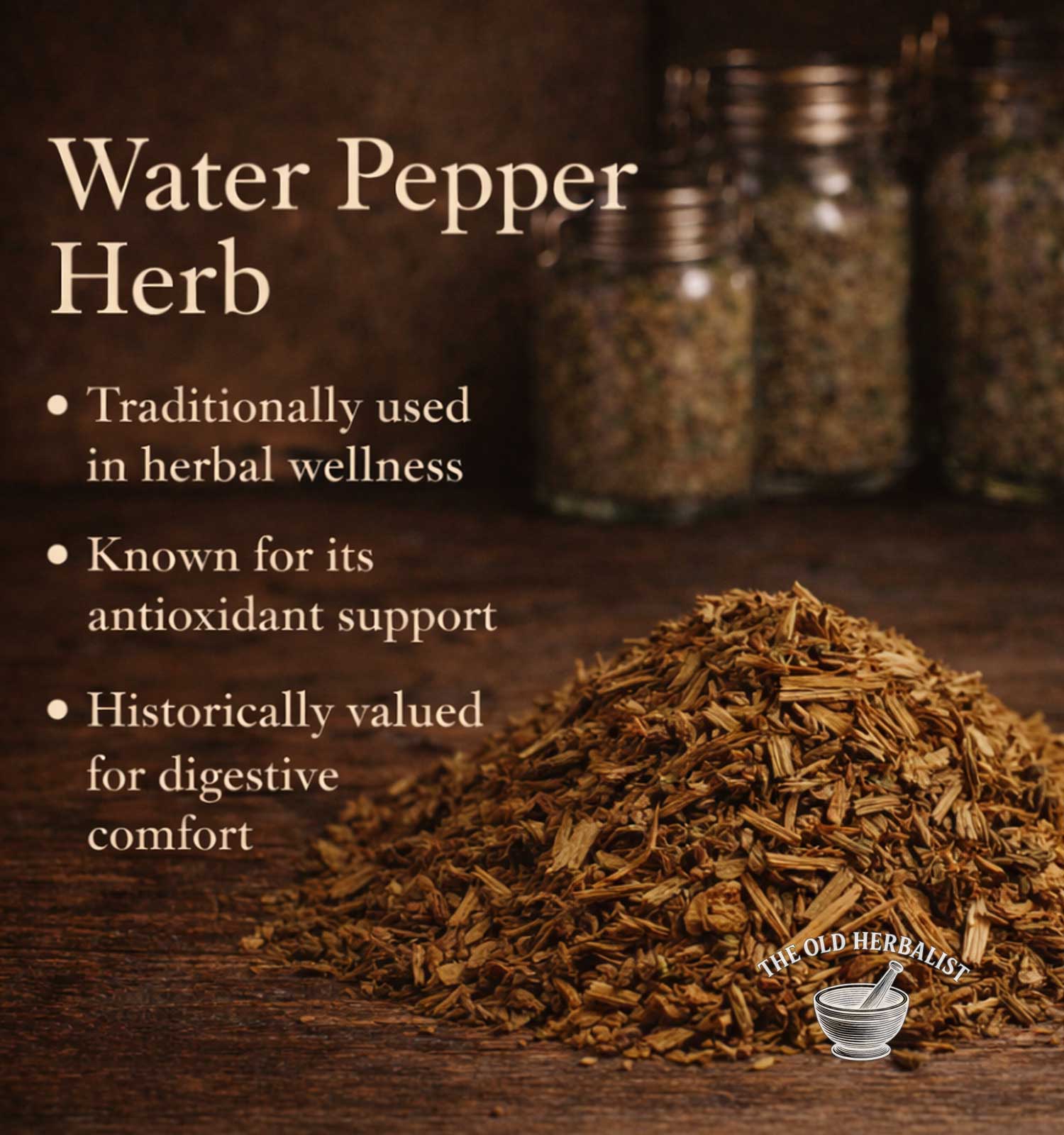 Water pepper herb with text on its traditional uses and benefits, branded as 'The Old Herbalist'.