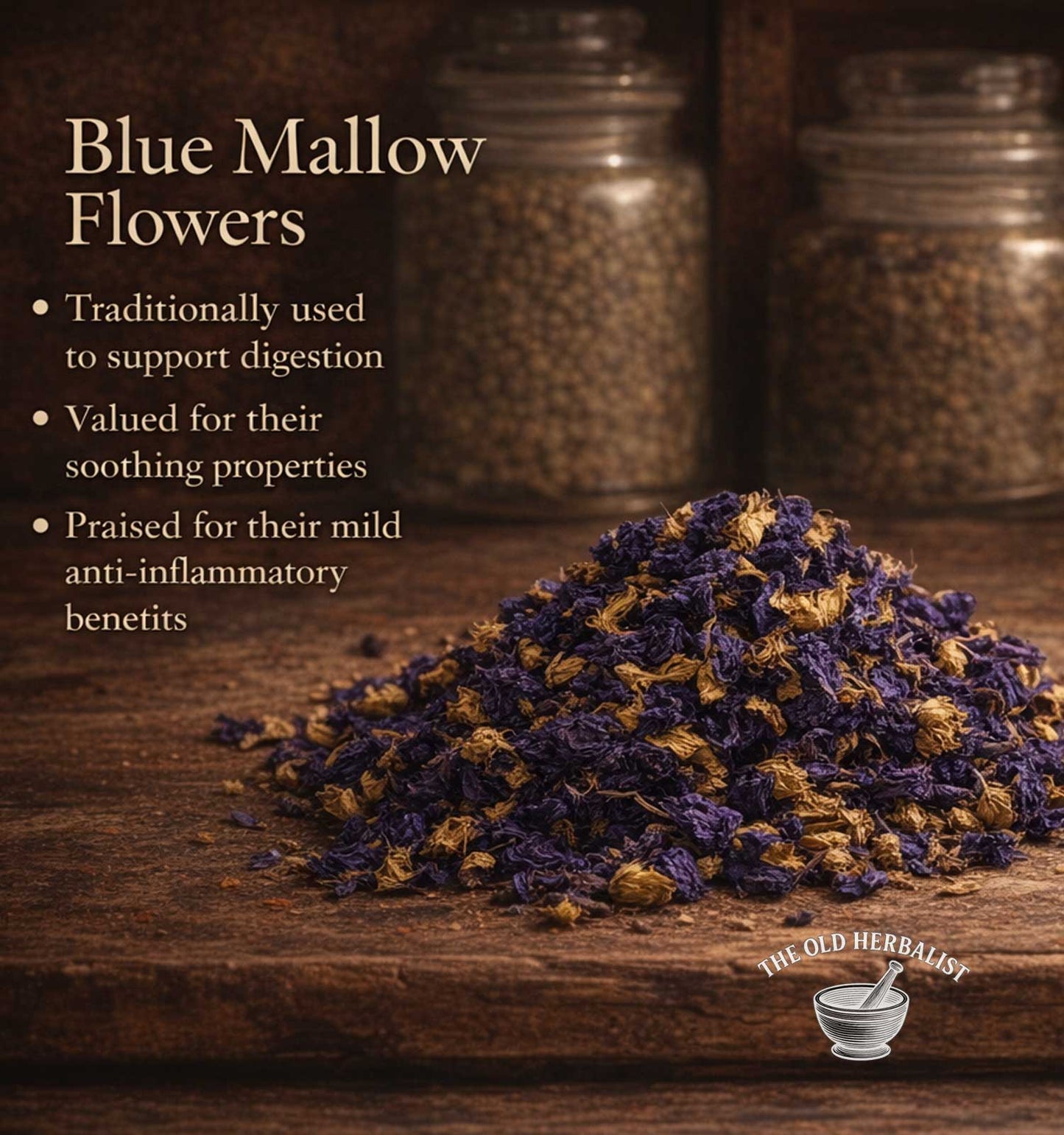 Blue mallow flowers on a wooden surface with text about their uses.