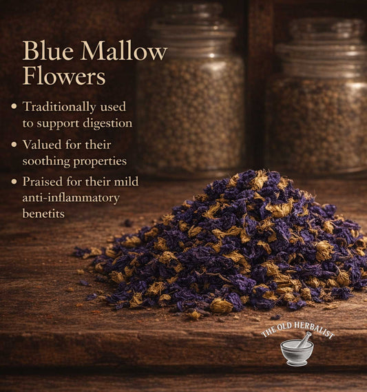 Blue mallow flowers on a wooden surface with text about their uses.