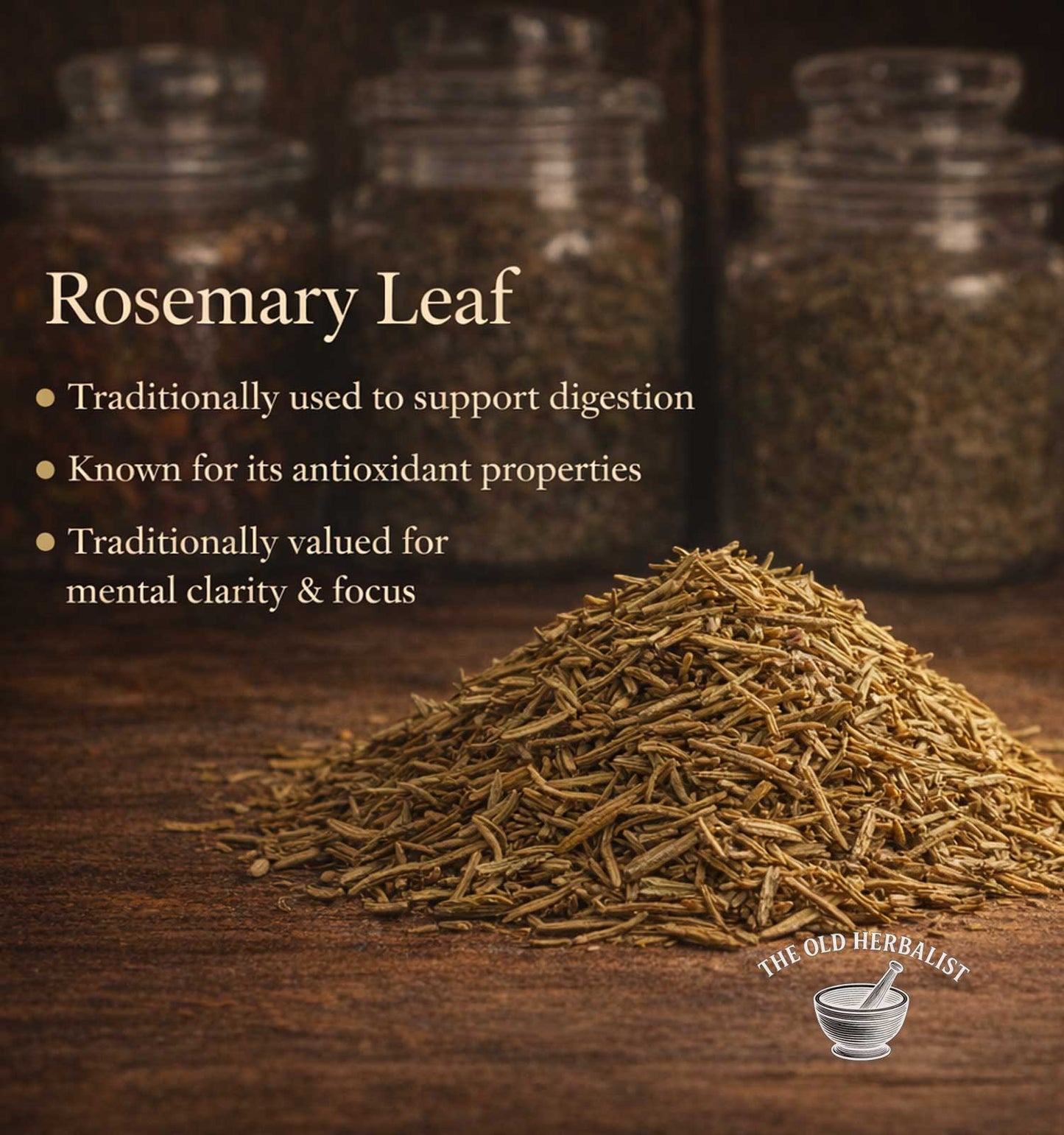 Rosemary leaf with text on its benefits and The Old Herbalist logo.