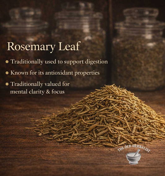 Rosemary leaf with text on its benefits and The Old Herbalist logo.